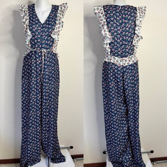 Tristan Jumpsuit Pant One Piece Floral Ruffle Zip Up V Neck Lined Cottagecore 8 - Picture 1 of 16